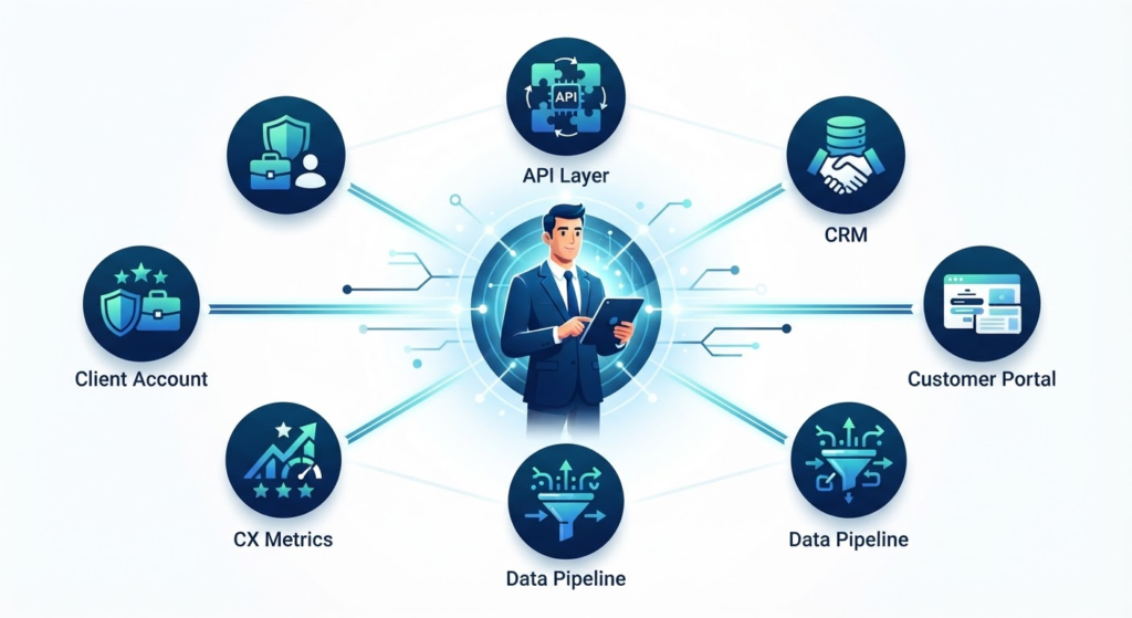 CTO at the center of a B2B customer experience ecosystem showing API layer, CRM, customer portal, client account, CX metrics, and data pipeline nodes