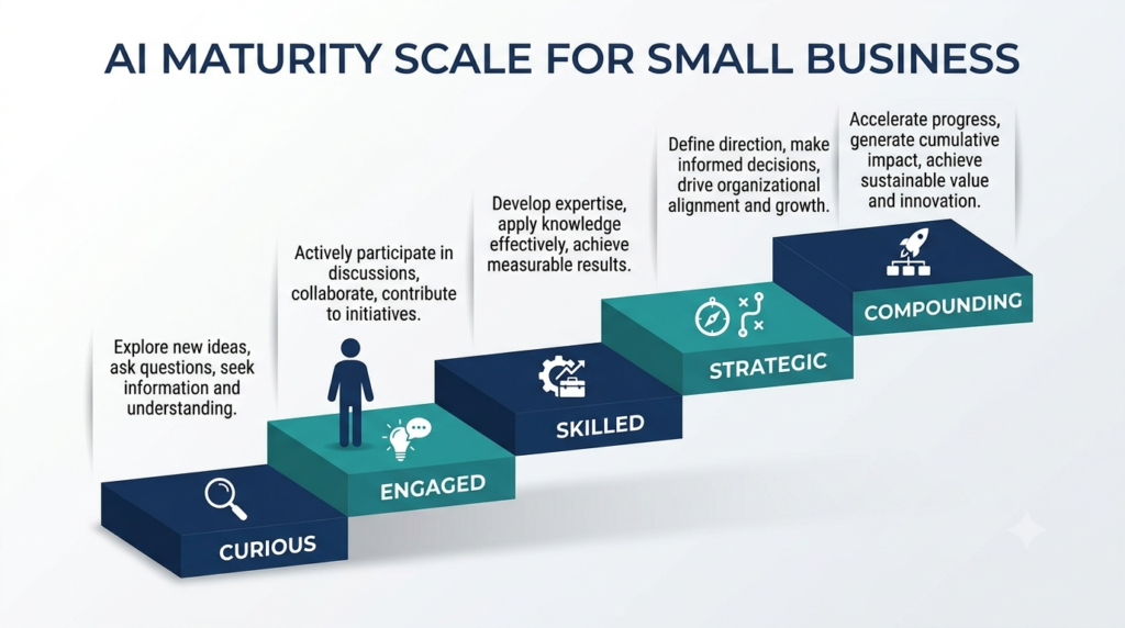 Five-step staircase showing AI maturity assessment for small business levels from curious to compounding