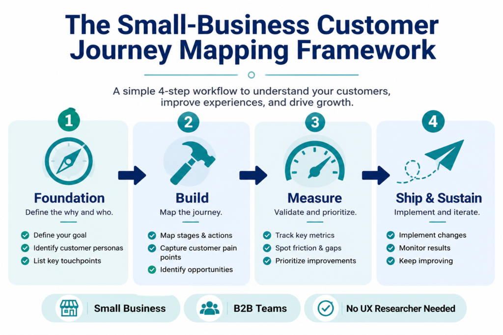 Four-stage customer journey mapping framework for small business — Foundation, Build, Measure, Ship & Sustain.