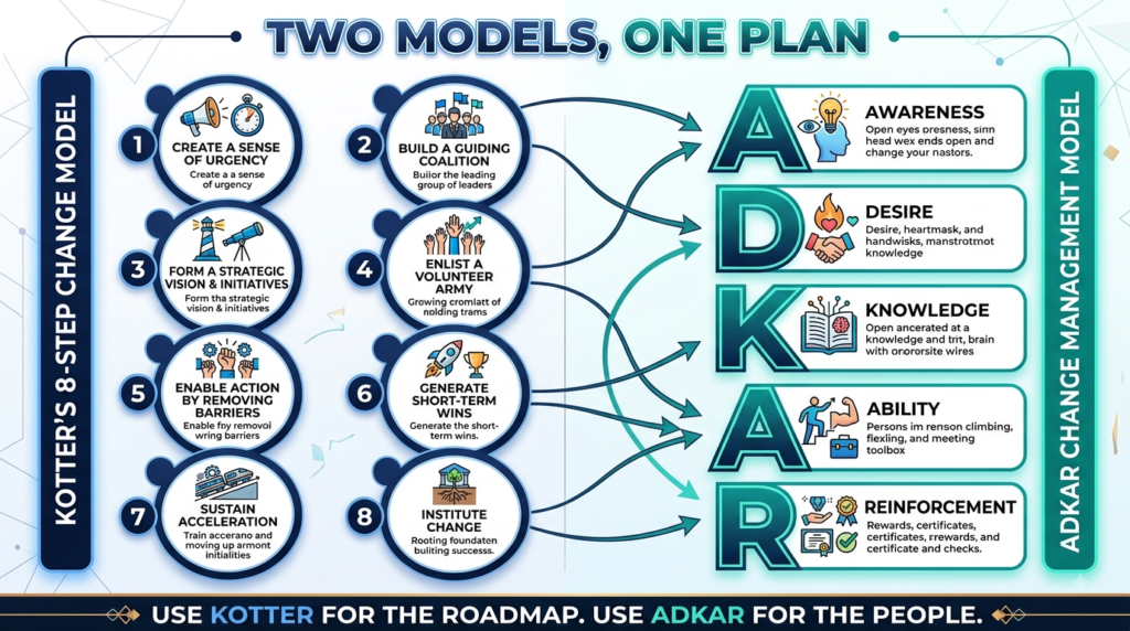  ADKAR and Kotter change management models mapped side by side for a digital transformation programme