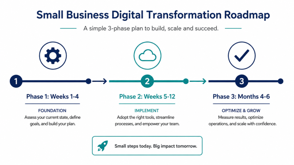 Digital Transformation for Small Business: A Practical, Phased Guide 4 Three-phase roadmap for digital transformation for small business, from quick fix to full automation