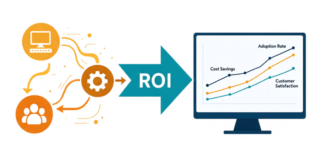 Business leader measuring digital transformation ROI with KPI dashboard showing cost savings customer satisfaction and adoption metrics trending upward