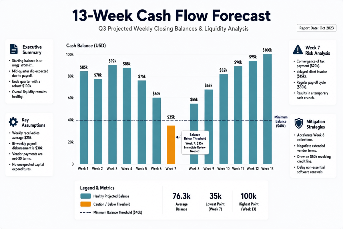 13-week cash flow forecast chart flagging a week where projected balance drops below the minimum threshold