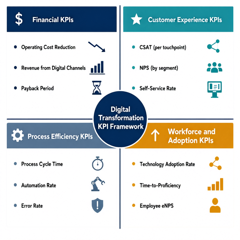 Digital transformation KPI framework quadrant showing financial customer experience process efficiency and workforce adoption measurement dimensions with specific metrics
