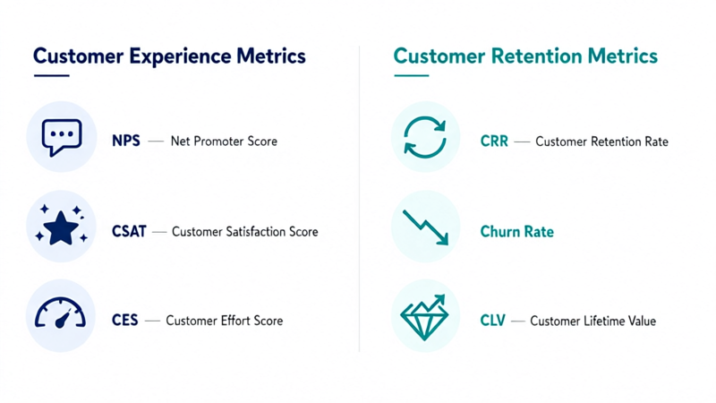 Side-by-side comparison of customer experience metrics NPS CSAT CES versus customer retention metrics CRR churn CLV