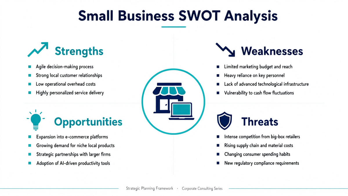 SWOT analysis for small business grid showing strengths weaknesses opportunities threats
