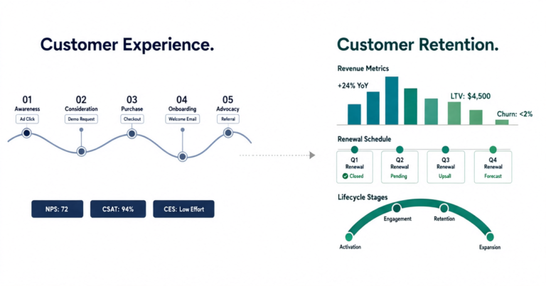 Two business concepts compared — customer experience journey map versus customer retention metrics dashboard