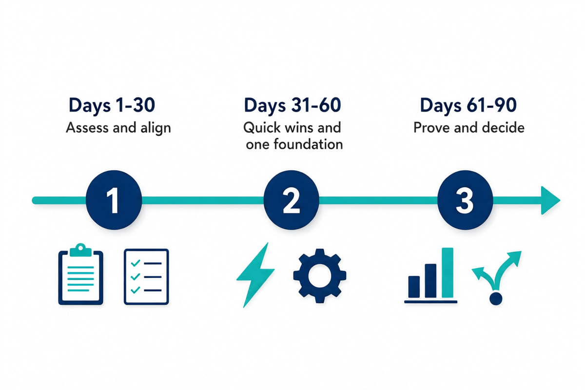30-60-90 day digital maturity initiative plan timeline from assessment to quick wins to proving results
