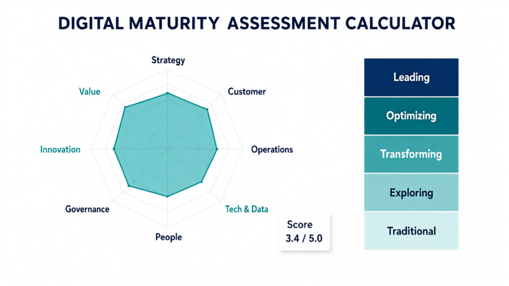 Digital Maturity Assessment Calculator radar chart across 8 dimensions with five maturity levels from Traditional to Leading