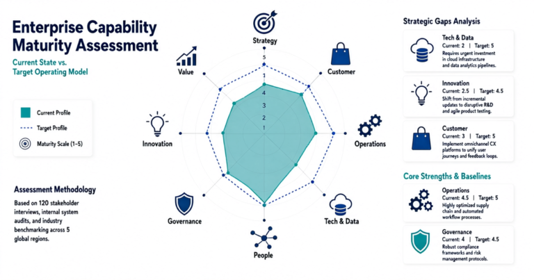 Digital maturity assessment framework radar chart with eight dimensions scored from traditional to leading
