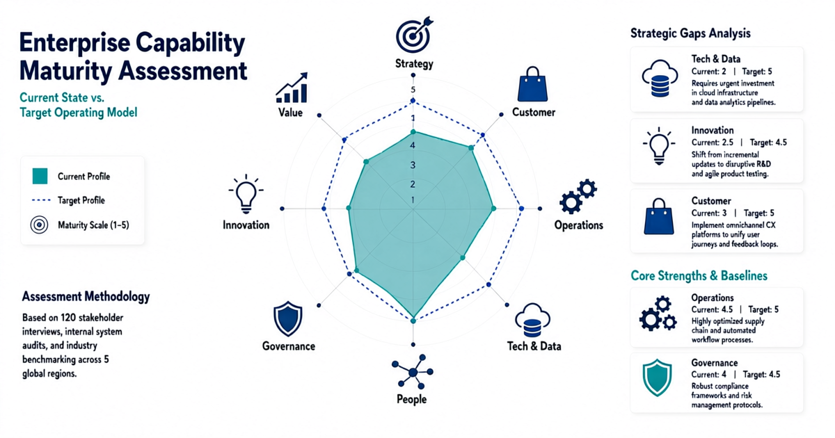 Digital maturity assessment framework radar chart with eight dimensions scored from traditional to leading
