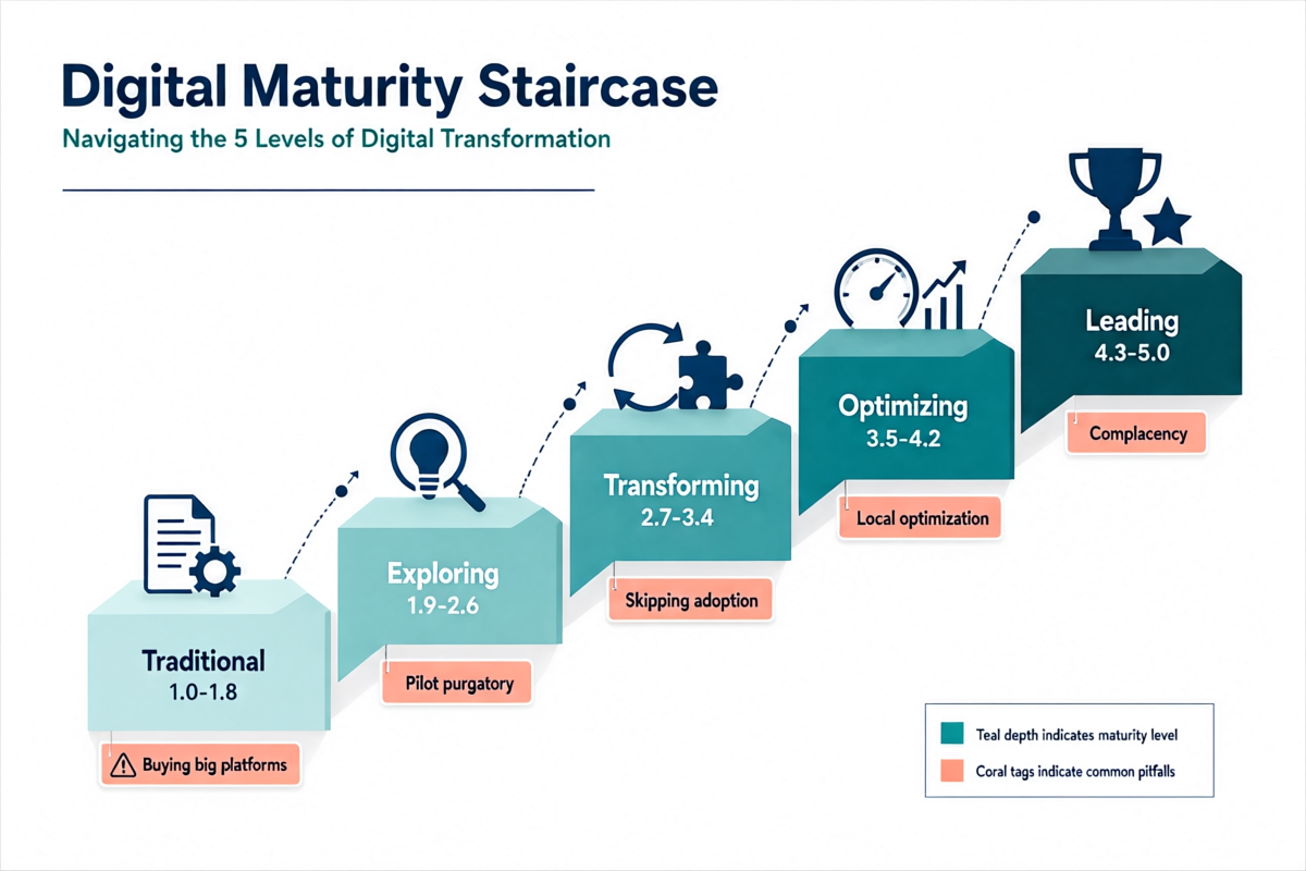 Digital maturity model staircase showing five levels from Traditional to Leading with score ranges