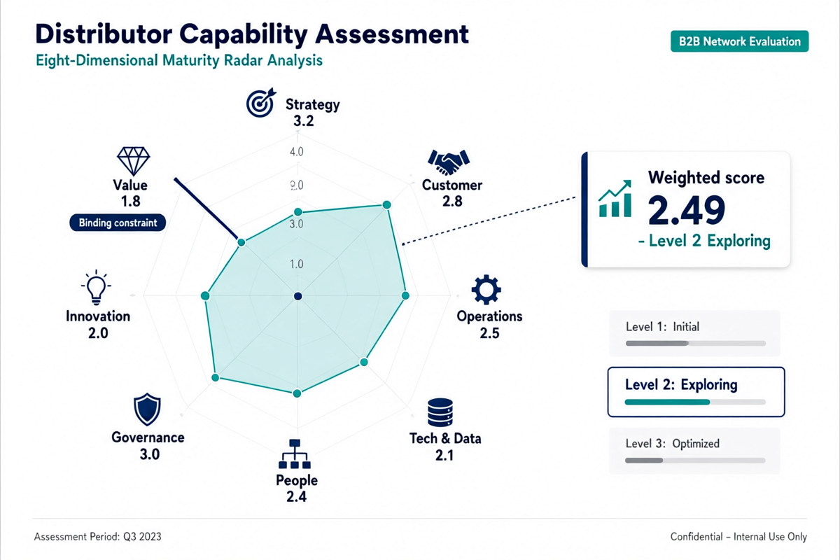 Radar chart of a distributor's eight digital maturity dimension scores with the weakest dimension highlighted