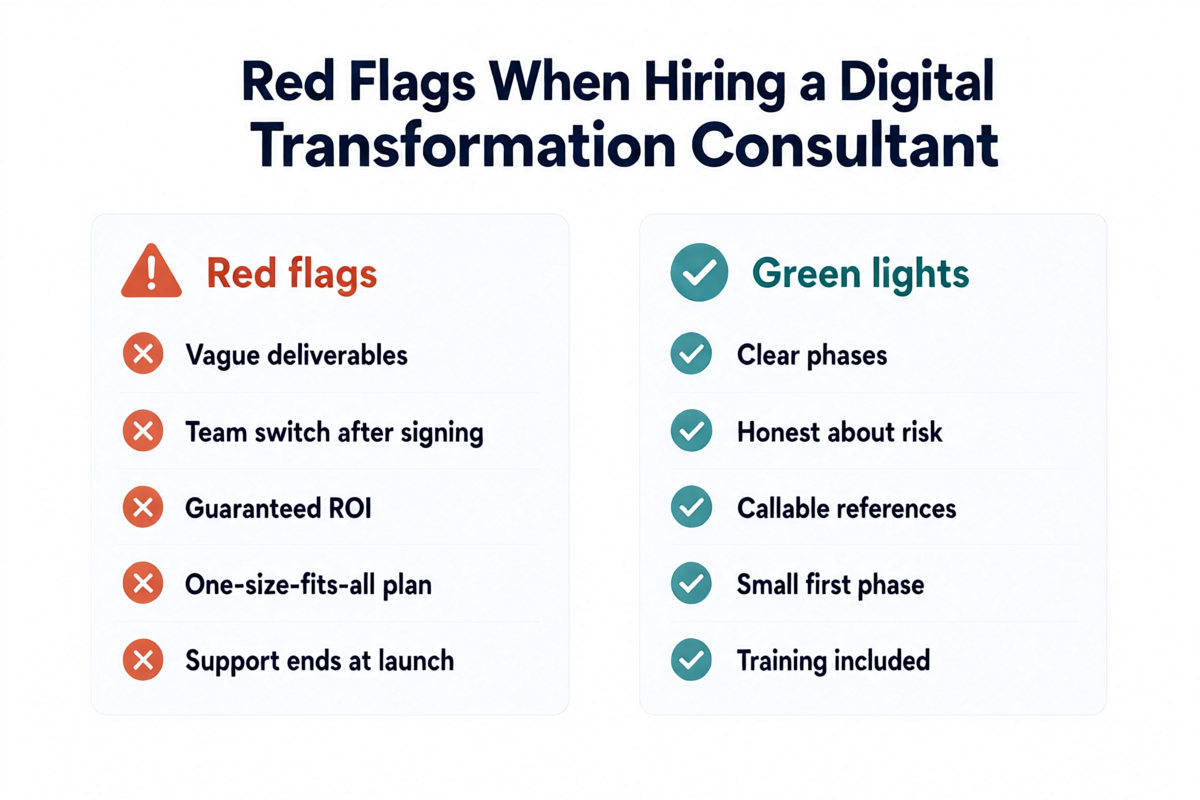 Red flags and green lights checklist for vetting a digital transformation consultant before signing